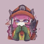  1girl blush closed_mouth cross-shaped_pupils earrings frown gloves green_gloves hard_hat harinezumisan12 helmet high-visibility_vest inkling inkling_girl jewelry jumpsuit looking_at_viewer pointy_ears red_headwear rubber_gloves salmon_run_(splatoon) simple_background solo splatoon_(series) straight-on symbol-shaped_pupils upper_body violet_eyes 