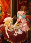  2girls absurdres ascot bat_wings blonde_hair blue_hair blurry blurry_background blurry_foreground book bookshelf bottle brooch candle candlestand closed_mouth collarbone collared_shirt crystal cup curtains depth_of_field ekaapetto envelope flandre_scarlet flower frilled_shirt_collar frilled_sleeves frills glass_bottle hair_between_eyes hat hat_ribbon highres indoors jewelry leaf light_smile looking_at_another looking_at_object mob_cap multicolored_wings multiple_girls open_book open_mouth painting_(object) picture_frame pink_headwear pink_shirt pink_skirt plant potted_plant puffy_short_sleeves puffy_sleeves red_ascot red_brooch red_curtains red_eyes red_ribbon red_skirt red_vest remilia_scarlet ribbon rug saucer shirt short_sleeves siblings sisters sitting skirt skirt_set skull sleeve_ribbon table tablecloth teacup teapot touhou vest wallpaper_(object) white_flower white_headwear white_shirt wings wrist_cuffs yellow_ascot 