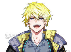  1boy :d black_jacket blonde_hair colored_tips copyright_notice fumiko_(throughx2) grey_shirt hair_between_eyes jacket looking_at_viewer male_focus mole mole_on_neck multicolored_hair nijisanji nijisanji_en open_clothes open_jacket popped_collar sample_watermark shirt short_hair simple_background smile solo sonny_brisko straight-on teeth two-sided_fabric two-sided_jacket upper_body upper_teeth_only v-shaped_eyebrows violet_eyes virtual_youtuber watermark white_background yellow_jacket zipper 