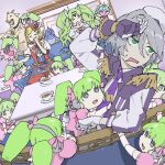  6+girls andou_rei annoyed arm_up blonde_hair braid character_doll clinging closed_eyes commentary_request couch covering_mouth crown_braid cup curly_hair doll_joints dress drill_hair epaulettes exhausted falulu forehead_jewel goat_costume green_eyes green_hair grey_eyes grey_hair hair_ribbon hand_on_own_head hand_over_own_mouth hand_up hat headpat headphones highres indoors jacket joints kemura_(puripurinea) laughing long_hair long_sleeves looking_to_the_side midorikaze_fuwari multiple_girls necktie on_couch open_mouth pink_dress pink_ribbon pretty_(series) pripara puffy_short_sleeves puffy_sleeves purple_necktie ribbon shikyouin_hibiki short_hair short_sleeves sidelocks sitting smile table tea teacup too_many toriko_(pripara) twin_drills twintails unicorn_(pripara) white_dress white_headwear wing_hair_ornament 
