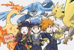  1girl 2boys arm_on_shoulder articuno blue_oak blue_oak_(champion) brown_hair closed_eyes commentary_request fingerless_gloves fire gloves grey_background highres leaf_(champion)_(pokemon) leaf_(pokemon) looking_at_viewer moltres multiple_boys official_alternate_costume okiza_yuuri one_eye_closed open_mouth pokemon pokemon_(creature) pokemon_(game) pokemon_masters_ex red_(champion)_(pokemon) red_(pokemon) smile upper_body wings zapdos 