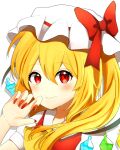  1girl absurdres ascot blonde_hair bow closed_mouth collared_shirt crystal flandre_scarlet hair_between_eyes hat hat_bow hat_ribbon highres light_smile long_hair looking_at_viewer momo_(momo_o0524) multicolored_wings nail_polish one_side_up puffy_short_sleeves puffy_sleeves red_bow red_eyes red_nails red_ribbon red_vest ribbon shirt short_sleeves solo touhou upper_body vest white_background white_headwear white_shirt wings yellow_ascot 