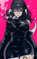  absurdres au_ra bare_shoulders black_hair breasts curled_horns detached_sleeves final_fantasy final_fantasy_xiv glasses highres horns large_breasts melopippi0219 messy_hair pink_background pink_eyes round_eyewear short_hair skirt smoking sweater tail turtleneck turtleneck_sweater white_horns 