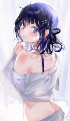  1girl bare_shoulders blue_eyes blue_hair blue_ribbon blush from_behind hair_ornament hair_ribbon hairclip hand_up highres looking_at_viewer looking_back off-shoulder_shirt off_shoulder original panties ribbon shia_job shirt short_hair solo tongue tongue_out underwear white_panties white_shirt x_hair_ornament 