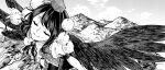  1girl bird_wings closed_eyes closed_mouth clouds collared_shirt greyscale hat highres monochrome mountain mountainous_horizon mouryou_(chimimouryou) outdoors pom_pom_(clothes) shameimaru_aya shirt short_hair sky smile solo tokin_hat touhou wings 
