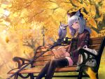 1girl absurdres arknights autumn_leaves bag bench bird black_headwear black_skirt black_thighhighs book breasts calendar_(medium) cardigan company_name copyright_name day feet_out_of_frame grey_hair hair_ornament hat highres holding holding_book infection_monitor_(arknights) jewelry light_rays long_hair long_sleeves looking_at_viewer name_connection necklace october official_alternate_costume official_art official_wallpaper open_book open_cardigan open_clothes outdoors owl owl_ears ptilopsis_(arknights) ptilopsis_(serenity)_(arknights) purple_cardigan rhine_lab_logo sitting skirt small_breasts solo staff sweater thigh-highs yellow_eyes yellow_sweater you_shimizu 