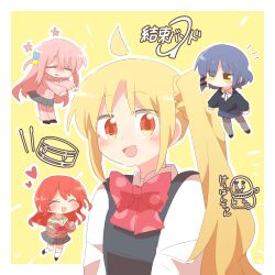  4girls :d ^_^ ahoge black_footwear black_sweater blue_hair blue_skirt bocchi_the_rock! bow braid brown_sailor_collar brown_shirt chibi closed_eyes collared_shirt cube_hair_ornament eyes_visible_through_hair gotoh_hitori grey_pantyhose grey_skirt hair_ornament hair_over_one_eye ijichi_nijika jacket kita_ikuyo long_hair mini_person minigirl multiple_girls one_side_up outline pants pants_under_skirt pantyhose pink_hair pink_jacket pink_pants pleated_skirt polka_dot polka_dot_bow rebecca_(keinelove) red_bow red_eyes redhead sailor_collar shirt shoes side_ponytail simple_background skirt smile socks sweater sweater_vest track_jacket track_pants track_suit translation_request very_long_hair white_outline white_shirt white_socks yamada_ryo yellow_background yellow_eyes 