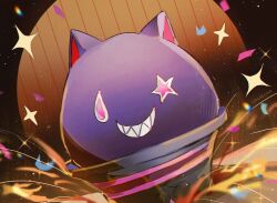  artist_name black_hat commentary confetti english_commentary fire genshin_impact grin hat in_hat lansecha no_humans rosseland_(genshin_impact) sharp_teeth smile solo sparkle spotlight star_(symbol) teeth top_hat 
