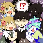  !? 5boys basil_(faraway)_(omori) basil_(omori) black_hair black_skin black_sweater_vest blonde_hair blue_eyes blush cat cheek_press collared_shirt colored_skin flower green_hair green_shirt green_sweater_vest hair_flower hair_ornament head_wreath holding_another&#039;s_arm looking_at_another looking_at_viewer mewo miya_(baelfight) multiple_boys omori open_mouth overalls shirt short_hair smile spoken_interrobang stranger_(omori) sunny_(omori) sweat sweater_vest thought_bubble twitter_username white_eyes white_shirt white_skin 