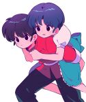  1boy 1girl 2girls black_eyes black_hair blue_hair carrying closed_mouth fuurinkan_high_school_uniform highres multiple_girls open_mouth piggyback ranma_1/2 sanamaru_(sana79261827) saotome_ranma school_uniform short_hair simple_background tendou_akane white_background 