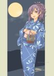  1girl absurdres bag blue_kimono brown_eyes feet_out_of_frame full_moon hagikaze_(kancolle) highres japanese_clothes kantai_collection kimono long_hair moon night official_alternate_costume official_alternate_hairstyle pot-de purple_hair solo steam yukata 