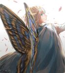  1boy blue_cape butterfly_wings cape diamond_hairband eiki_(eikityou_55) fate/grand_order fate_(series) grey_hair highres long_sleeves looking_back male_focus multicolored_wings oberon_(fate) petals shirt simple_background smile solo white_background white_shirt wings 