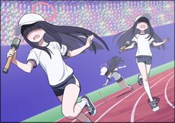  3girls black_footwear black_hair black_shorts blue_archive gym_shirt gym_shorts gym_uniform halo hat highres holding justice_task_force_member_(blue_archive) long_hair multiple_girls qumata red_halo relay_baton running shirt shoes short_sleeves shorts socks white_headwear white_shirt white_socks 