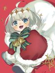 1boy aged_down ahoge bell blue_eyes blush bow cape christmas diamond_hairband eiki_(eikityou_55) fate/grand_order fate_(series) fur-trimmed_cape fur_trim green_bow grey_hair holding holding_sack male_focus oberon_(fate) open_mouth red_background red_cape sack signature simple_background snowflakes solo sparkle striped striped_bow 