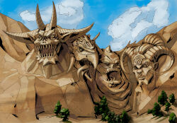  4boys animal_head blue_sky chaos_(warhammer) clouds commentary demon english_commentary heresy highres horns khorne landscape mount_rushmore mountain multiple_boys nose_piercing nurgle open_mouth parody piercing pirolnogolongo sky slaanesh teeth tongue tongue_out tree tzeentch warhammer_40k 
