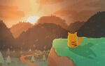  animal_focus clouds commentary_request coopoppo facing_away faux_traditional_media highres hill no_humans on_grass orange_sky pikachu pine_tree pokemon pokemon_(creature) shadow sky solo sunburst sunset trail tree 