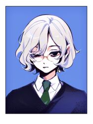  1boy black_eyes black_sweater blue_background border chinese_commentary closed_mouth collared_shirt commentary_request contemporary crooked_eyewear dungeon_meshi glasses green_necktie hair_between_eyes highres id_photo looking_at_viewer male_focus mithrun necktie portrait rourow school_uniform scowl shirt short_hair sidelocks simple_background solo straight-on sweater v-neck white_border white_hair white_shirt 