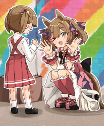  &gt;_o 2girls animal_ears barashiya black_footwear blunt_bangs bow brown_eyes brown_hair character_request child clenched_hands dress frilled_socks frills full_body hair_bow hair_ornament hands_up highres horse_ears horse_girl horse_tail kneehighs long_sleeves looking_at_another mary_janes multiple_girls one_eye_closed open_mouth outline pink_dress pleated_skirt red_skirt red_socks shirt shoes short_sleeves skirt smart_falcon_(umamusume) smile socks squatting standing suspender_skirt suspenders tail twintails two_side_up umamusume white_outline white_shirt white_socks wrist_cuffs 