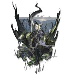  1girl arknights asymmetrical_dual_wielding azling black_shirt blue_dress blue_eyes castle chinese_commentary commentary_request cross cross_earrings cross_scar dragon dress dual_wielding earrings english_text field_of_blades gloves grey_gloves gun hair_intakes head_wings highres holding holding_gun holding_sword holding_weapon irene_(arknights) irene_(the_adjudicatrix_and_her_resolve)_(arknights) jewelry lace_trim latin_cross light_rays long_sleeves medium_hair official_art rapier revolver scar scar_across_eye shadow shirt solo sunbeam sunlight sword third-party_source transparent_background turtleneck turtleneck_shirt user_interface weapon white_hair wings 