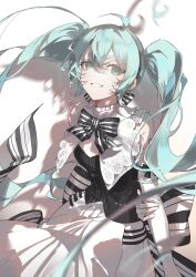  absurdres aqua_eyes aqua_hair bare_shoulders black_bow black_bowtie black_dress blurry bow bowtie cowboy depth_of_field detached_sleeves dress gloves hatsune_miku highres kingcraft_kingu long_hair miku_symphony_(vocaloid) number_tattoo shadow shoulder_tattoo smile striped_bow striped_bowtie striped_clothes tattoo twintails two-tone_dress vocaloid white_background white_dress white_gloves 