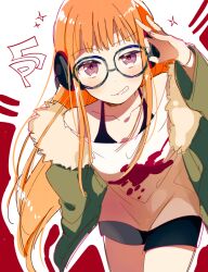  1girl 4_(nakajima4423) bare_shoulders black-framed_eyewear black_shorts collarbone commentary_request copyright_name floating_hair fur-trimmed_jacket fur_trim glasses green_jacket grin headphones jacket long_hair long_sleeves open_clothes open_jacket orange_hair persona persona_5 sakura_futaba shirt shorts smile solo straight_hair very_long_hair violet_eyes white_shirt 