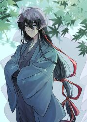  1boy black_hair blue_coat blue_eyes blue_hanfu blue_horns branch bright_pupils chinese_clothes closed_mouth coat commentary_request cowboy_shot dan_feng_(honkai:_star_rail) dan_heng_(honkai:_star_rail) dan_heng_(imbibitor_lunae)_(honkai:_star_rail) dragon_horns eastern_dragon_horns expressionless hair_between_eyes hair_ribbon hands_in_opposite_sleeves hanfu highres honkai:_star_rail honkai_(series) horns leaf long_hair long_sleeves looking_at_viewer low-tied_long_hair male_focus mororo1357 multi-tied_hair open_clothes open_coat pointy_ears red_ribbon ribbon see-through_clothes see-through_veil sidelocks solo standing veil very_long_hair white_pupils wide_sleeves 