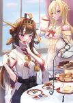  2girls absurdres ahoge black_skirt blonde_hair blue_eyes braid brown_hair cake corset crown cup detached_sleeves double_bun dress flower food french_braid hair_bun hairband headgear highres jewelry kantai_collection kongou_(kancolle) kongou_kai_ni_(kancolle) long_hair long_sleeves mini_crown multiple_girls necklace nontraditional_miko off-shoulder_dress off_shoulder panda_(heart_sink) popped_collar red_flower red_ribbon red_rose ribbon ribbon-trimmed_sleeves ribbon_trim rose saucer sitting skirt spoon teacup teapot thigh-highs tiered_tray violet_eyes warspite_(kancolle) white_dress window 