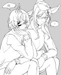  2girls ? animal_ears breasts closed_mouth earrings elbow_rest eyepatch feet_out_of_frame greyscale horse_ears iner_(shakur_mom) jewelry korean_text light_blush long_hair long_sleeves looking_at_another looking_at_viewer monochrome multiple_girls parted_lips ponytail shirt short_hair shorts single_earring sitting small_breasts speech_bubble spoken_question_mark symboli_kris_s_(umamusume) tanino_gimlet_(umamusume) translation_request umamusume 
