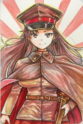  belt brown_belt brown_cape brown_hair brown_jacket buttons cape closed_mouth collar colored_pencil_(medium) commentary_request flag_background girls_und_panzer grin hat highres holding holding_sword holding_weapon imperial_japanese_army jacket katana leather_belt long_hair long_sleeves looking_at_viewer military_hat military_jacket military_uniform nabeyu nib_pen_(medium) nishi_kinuyo painting_(medium) pleated_skirt red_skirt red_trim rising_sun_flag sageo scan sheath sheathed skirt smile star_(symbol) straight-on sunburst sword traditional_media tsuba_(guard) watercolor_(medium) weapon 