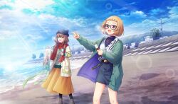  2girls :d amakusa_kotone arched_bangs beach belt black-framed_eyewear black_belt blue_skirt brown_eyes brown_hair cinderella_series clouds coat film_grain game_cg green_coat hachigatsu_no_cinderella_nine highres holding holding_kite holding_string jacket kite kite_string lens_flare light_particles light_rays long_hair long_sleeves looking_up multiple_girls non-web_source ocean official_art open_mouth orange_skirt outdoors power_lines red_scarf scarf short_hair skirt sky smile standing string sunbeam sunlight tree ukita_akane utility_pole violet_eyes white_jacket winter_clothes 