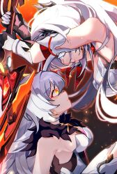  2girls armor armored_dress bare_shoulders blue_eyes breasts dduehddueh fiery_background fire gem gloves hair_ornament holding holding_sword holding_weapon honkai_(series) honkai_impact_3rd kiana_kaslana kiana_kaslana_(herrscher_of_flamescion) kiana_kaslana_(herrscher_of_the_void) long_hair looking_at_another looking_down looking_up multiple_girls orange_eyes red_gemstone sword very_long_hair weapon white_gloves white_hair 