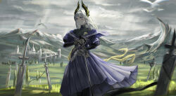  1girl absurdres arknights asymmetrical_dual_wielding bird black_pantyhose black_shirt blue_dress blue_eyes clouds cloudy_sky cross cross_earrings cross_scar ditio_(ta243401) dress dual_wielding earrings field_of_blades gloves grey_gloves gun hair_intakes head_wings highres holding holding_gun holding_sword holding_weapon irene_(arknights) irene_(the_adjudicatrix_and_her_resolve)_(arknights) jewelry latin_cross long_sleeves mountain pantyhose rapier revolver scar scar_across_eye shirt simple_bird sky solo sword turtleneck turtleneck_shirt weapon white_hair wings 