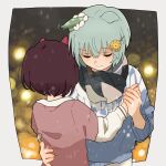  2girls animal_ears aqua_hair blue_sweater blurry blush bokeh breath brown_hair closed_eyes closed_mouth cold depth_of_field ear_covers hair_ornament hairclip hand_on_another&#039;s_hip highres holding_hands horse_ears long_sleeves multiple_girls nishino_flower_(umamusume) pink_shirt scarf seiun_sky_(umamusume) shirt short_hair snow sweater umamusume upper_body yano_(edbr1022) 