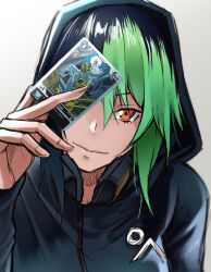  1girl betsumon black_hair black_jacket brown_eyes card digimon digimon_card_game digimon_world_re:digitize green_eyes highres holding holding_card hood hooded_jacket jacket keyliom looking_at_viewer medium_hair multicolored_hair photo-referenced shinomiya_rina smile solo trading_card two-tone_hair upper_body 