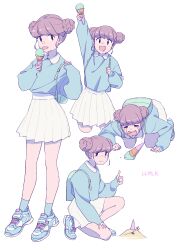  1girl :d :p absurdres ankle_socks artist_name backpack bag blue_bag blue_eyes blue_footwear blue_shirt blue_socks brown_hair crying double_bun dropped_food eating food full_body hair_bun highres holding holding_food holding_ice_cream ice_cream ice_cream_cone looking_at_viewer miniskirt multiple_views open_mouth original pleated_skirt protected_link shirt shirt_tucked_in shoes short_hair simple_background skirt smile sneakers socks tearing_up thumbs_up tongue tongue_out umk30510 white_background white_skirt 