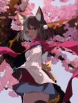  1569847238 1girl absurdres animal_ear_fluff animal_ears black_gloves blue_archive blue_skirt breasts brown_hair cherry_blossoms fang fox_ears gloves highres izuna_(blue_archive) looking_at_viewer looking_back no_halo outdoors partially_fingerless_gloves pom_pom_(clothes) red_scarf scarf skirt small_breasts smile solo wide_sleeves 