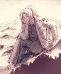 1boy absurdres crossed_legs giant greyscale hand_up high_ponytail highres jacket jia_huan_(limbus_company) limbus_company long_hair long_sleeves male_focus monochrome mountainous_horizon pants project_moon puffy_long_sleeves puffy_sleeves red_eyes solo spot_color surumenabe very_long_hair 