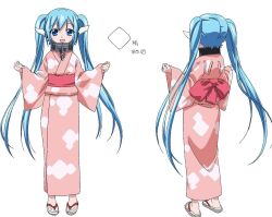  1girl blue_eyes blue_hair chain collar hands_up highres japanese_clothes kimono long_hair long_sleeves looking_at_viewer metal_collar multiple_views nymph_(sora_no_otoshimono) open_mouth pink_kimono reference_sheet robot_ears sandals simple_background smile solo sora_no_otoshimono twintails watanabe_yoshihiro white_background wide_sleeves 