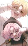  1boy 1girl absurdres black_headwear blonde_hair commentary hand_up hello_good_day!_(project_sekai) highres lapels long_sleeves looking_at_viewer notched_lapels official_alternate_costume official_alternate_hairstyle one_eye_closed ootori_emu open_mouth orange_eyes pink_eyes pink_hair project_sekai simple_background ssiiiiiik sweater teeth tenma_tsukasa upper_body upper_teeth_only v white_background white_sweater zozotown 