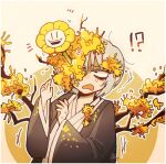  !? 1girl black_kimono branch dongbaek_(limbus_company) e.g.o_(project_moon) flower flowey_(undertale) japanese_clothes kimono limbus_company long_sleeves notice_lines open_mouth project_moon short_hair smile surprised surumenabe sweat undertale white_hair white_kimono wide_sleeves wings yellow_flower 