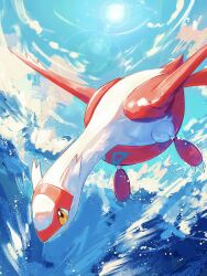  claws clouds flying highres kodak_painter latias looking_down no_humans pokemon pokemon_(creature) solo sun water wings yellow_eyes 