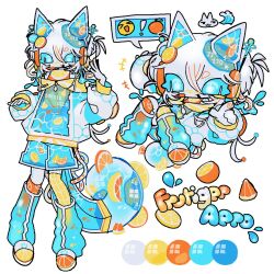  1other animal_ears blue_eyes bomal1215 chibi chibi_inset color_guide colored_skin cyber_fashion emoji english_text fish food fruit frutiger_aero full_body highres hood hood_down hooded_jacket jacket leg_warmers lizard_tail orange_(fruit) original reference_sheet shorts standing tail translucent_ears translucent_tail transparent water white_background white_hair white_skin 