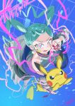  1girl 1other aqua_eyes aqua_hair bare_shoulders earrings fang hatsune_miku highres jacket jewelry long_hair open_mouth pikachu poke_ball pokemon pokemon_(creature) project_voltage ryuusei_(trickster) shoes skirt solo twintails very_long_hair vocaloid 