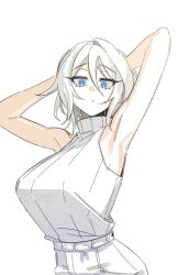  1girl armpits arms_up bare_arms blue_eyes breasts clear_cut_7 eyebrows eyelashes faust_(project_moon) huge_breasts limbus_company looking_at_viewer open_mouth pants project_moon short_hair simple_background sleeveless sleeveless_sweater solo sweater white_background white_hair white_pants white_sweater 