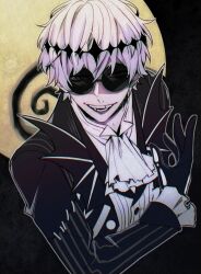  1boy black_gloves formal gloves jack_skellington jacket long_sleeves looking_at_viewer male_focus moon moonlight open_mouth pants pinstripe_jacket pinstripe_pants pinstripe_pattern pinstripe_suit round_eyewear short_hair skeleton_print smile stitches suit teemi the_nightmare_before_christmas twisted_wonderland white_hair 