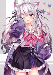  1girl ;d animal_ear_fluff animal_ears black_ribbon black_skirt blush bow cat_ears cat_girl cat_tail center_frills commission frilled_sailor_collar frilled_skirt frills grey_background grey_hair hair_between_eyes hair_ribbon hand_up jacket long_hair long_sleeves looking_at_viewer multicolored_hair nogi_takayoshi off_shoulder one_eye_closed open_clothes open_jacket original pink_bow pleated_skirt puffy_long_sleeves puffy_sleeves purple_hair purple_jacket ribbon sailor_collar shirt skeb_commission skirt sleeves_past_fingers sleeves_past_wrists smile solo starry_background streaked_hair tail twintails two-tone_background very_long_hair violet_eyes white_background white_sailor_collar white_shirt 