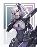  1girl breasts brown_eyes candy cyborg food grey_hair hair_ornament headgear holding holding_candy holding_food holding_lollipop joints lollipop mechanical_wings medium_breasts medium_hair punishing:_gray_raven robot_joints rosetta_(punishing:_gray_raven) side_ponytail sidelocks solo wings x_hair_ornament 