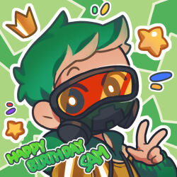  1boy armor awesamdude birthday chibi chibi_only commentary creeper crown damelives dream_smp english_text gas_mask gold_armor green_hair green_hoodie green_theme happy_birthday hood hood_down hoodie humanization looking_at_viewer male_focus mask minecraft minecraft_youtube outline short_hair solo star_(symbol) w white_outline 