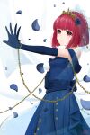  1girl absurdres arima_kana blue_dress blue_flower blue_gloves blue_rose bob_cut closed_mouth crown dress falling_petals flower gloves highres jewelry oshi_no_ko petals red_eyes redhead rose short_hair slime_yhy smile solo 