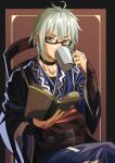  1boy ahoge black_sleeves black_tabard blue_kimono book brown_eyes collarbone cup drinking expressionless glasses gyouza_(mhea5724) highres holding holding_book holding_cup japanese_clothes kimono layered_sleeves male_focus morichika_rinnosuke on_chair open_book sitting solo tabard touhou white_hair wide_sleeves 